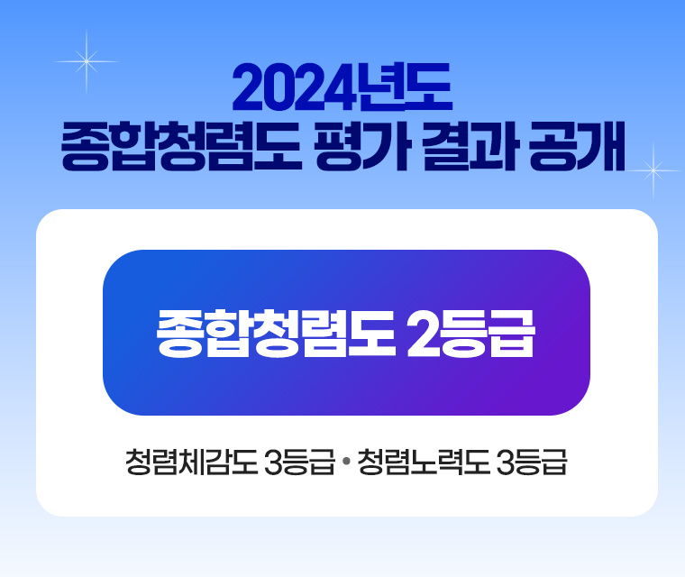 2024년도 종합청렴도 평가결과 공개
종합청렴도 2등급
청렴체감도 3등급
청렴노력도 3등급