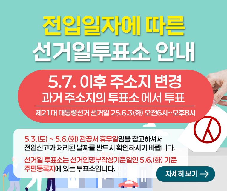 전입일자에 따른 선거일투표소 안내
5.7.이후 주소지 변경 과거 주소지의 투표소에서 투표
제21대 대통령선거 선거일 25.6.3(화) 오전6시~오후8시
5.3.(토) ~ 5.6.(화) 관공서 휴무일임을 참고하셔서
전입신고가 처리된 날짜를 반드시 확인하시기 바랍니다.
선거일 투표소는 선거인명부작성기준일인 5.6.(화) 기준
주민등록지에 있는 투표소입니다.
자세히보기>
